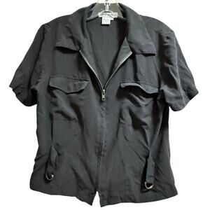 Vintage Nancy Crystal Black 100% Silk Zip Up Shirt - Short Sleeve - Size 10